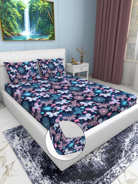 EXFAB Cotton, Microfiber King Fitted (Elastic) 210 TC Floral 1 Bedsheet with 2 Pillow Covers
