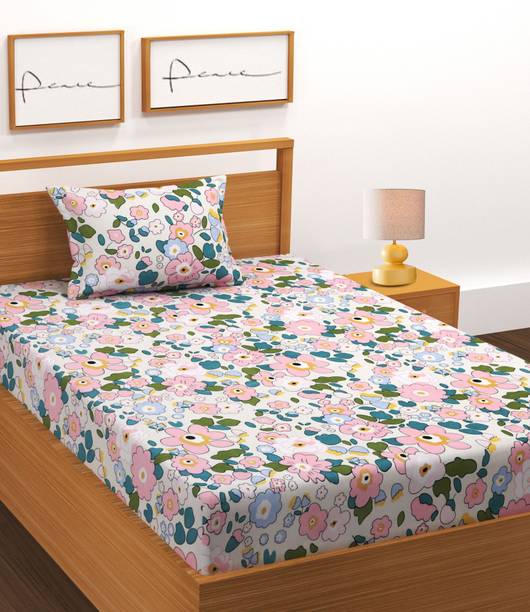 BLUEDOT Cotton Single Flat 180 TC Floral 1 Bedsheet with 2 Pillow Covers