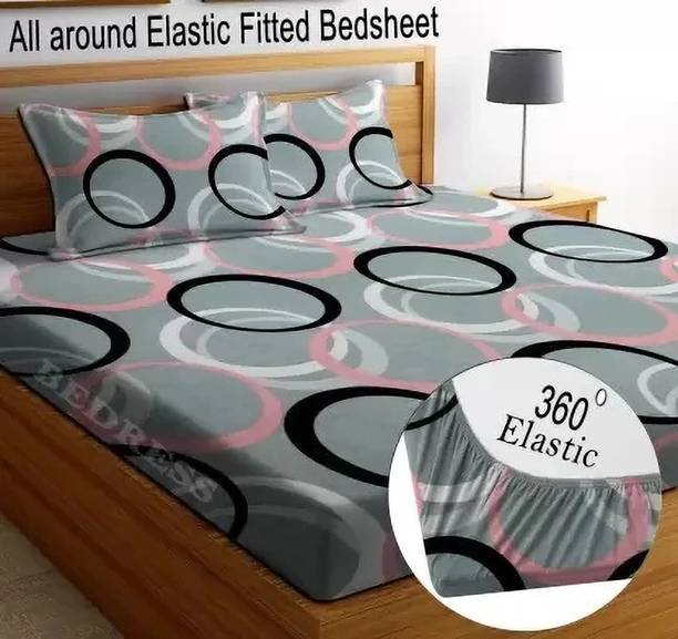 HOMETIC Cotton Double Fitted (Elastic) 360 TC Printed Bedsheet