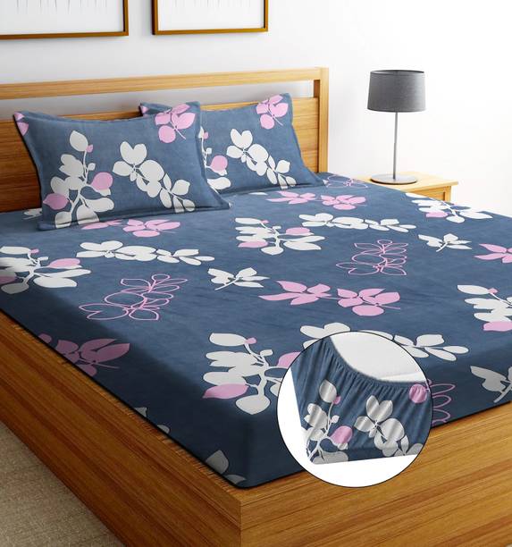 ANIKET Cotton Double Fitted (Elastic) 204 TC Printed 1 Bedsheet with 2 Pillow Covers