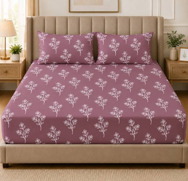 Amrange Cotton Double, King Fitted (Elastic) 210 TC Floral 1 Bedsheet with 2 Pillow Covers