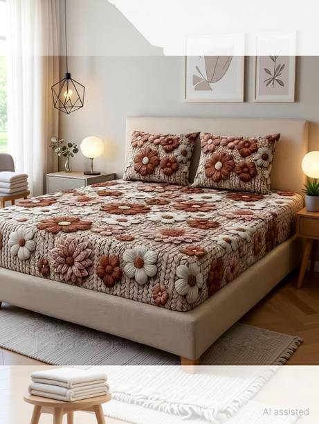 storeup Cotton Queen Fitted (Elastic) 240 TC 3D Printed 1 Summer Bedsheet with 2 Pillow Covers