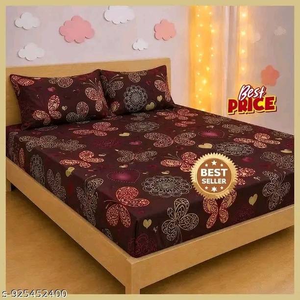 velqor Cotton Double Fitted (Elastic) 300 TC Printed 1 Summer Bedsheet with 2 Pillow Covers
