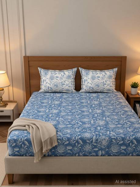 HIDECOR Microfiber Double, King Fitted (Elastic) 280 TC Floral 1 Bedsheet with 2 Pillow Covers