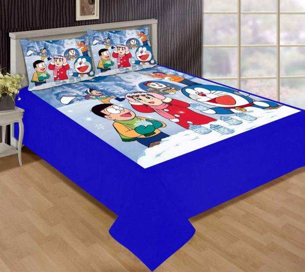 REYTILII Woolen Double Flat 310 TC Cartoon 3 Bedsheets with 2 Pillow Covers