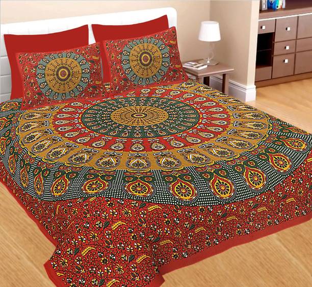 Cotton Double Flat 160 TC Jaipuri Prints 1 Bedsheet with 2 Pillow Covers