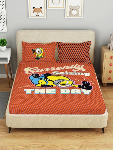 SPACES Cotton Double Flat 132 TC Cartoon 1 Bedsheet with 2 Pillow Covers