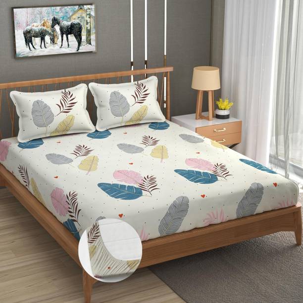 EXFAB Cotton King Fitted (Elastic) 244 TC Printed 1 Bedsheet with 2 Pillow Covers