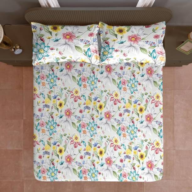 AVINYA Cotton Blend Single Fitted (Elastic) 210 TC Floral 1 Bedsheet with 2 Pillow Covers