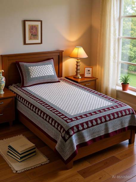 Monik Handicrafts Cotton Single Flat 142 TC Jaipuri Prints 1 Summer Bedsheet