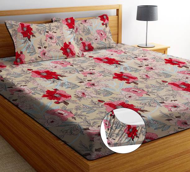 ANIKET Cotton Blend King Fitted (Elastic) 250 TC Floral 1 Bedsheet with 2 Pillow Covers