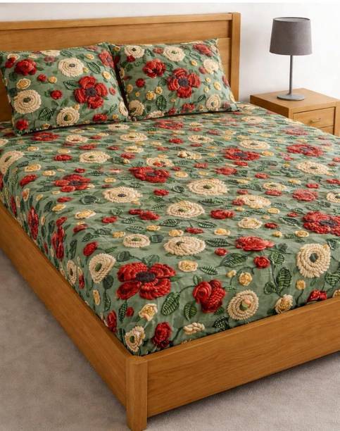 LLooms Cotton King Fitted (Elastic) 146 TC Floral 1 Summer Bedsheet with 2 Pillow Covers
