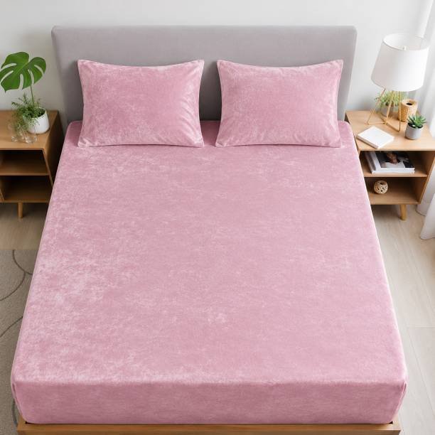 BLUEDOT Velvet King Fitted (Elastic) 350 TC Printed 1 Winter Bedsheet with 2 Pillow Covers
