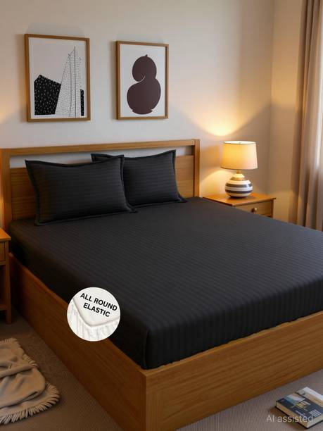 Weave & Décor Microfiber Queen Fitted (Elastic) 300 TC Striped 1 Bedsheet with 2 Pillow Covers