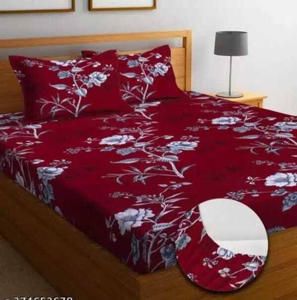 loomex Cotton Double Fitted (Elastic) 300 TC Floral 1 Bedsheet with 2 Pillow Covers