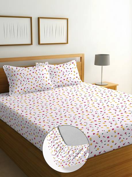 EXFAB Cotton Double Fitted (Elastic) 244 TC Printed 1 Summer Bedsheet with 2 Pillow Covers