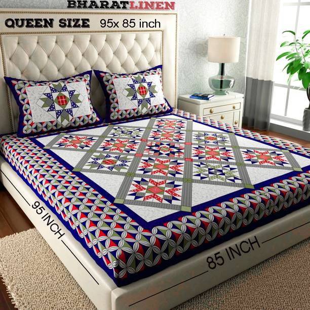 Shreeji Cotton Double Flat 220 TC Jaipuri Prints 1 Bedsheet with 2 Pillow Covers