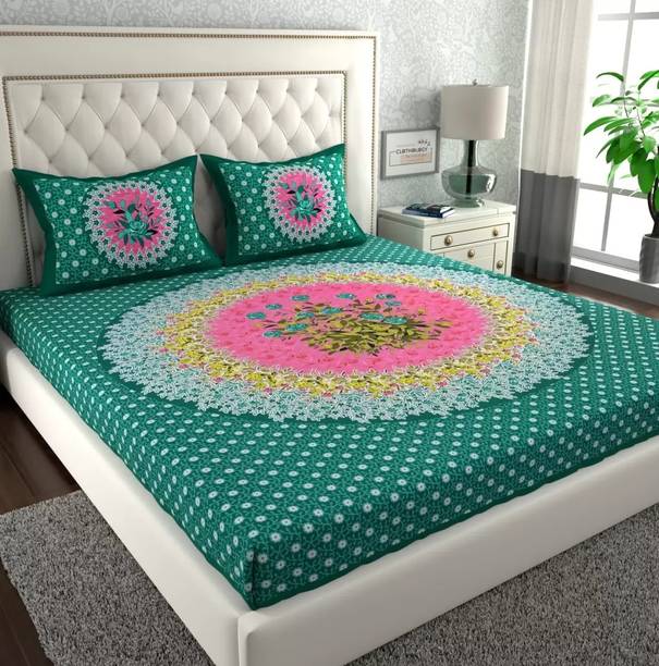 FrionKandy Living 104 TC Cotton Double Jaipuri Prints Flat Bedsheet