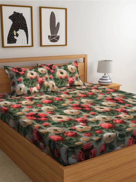 Goodrik Cotton King Flat 300 TC Floral 1 Bedsheet with 2 Pillow Covers