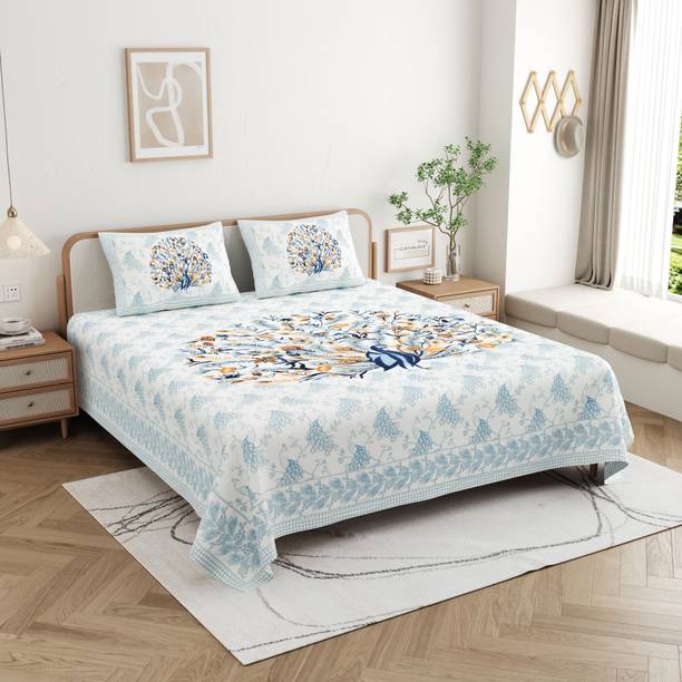 CLOTHOLOGY Cotton Double Flat 240 TC Jaipuri Prints 1 Bedsheet with 2 Pillow Covers