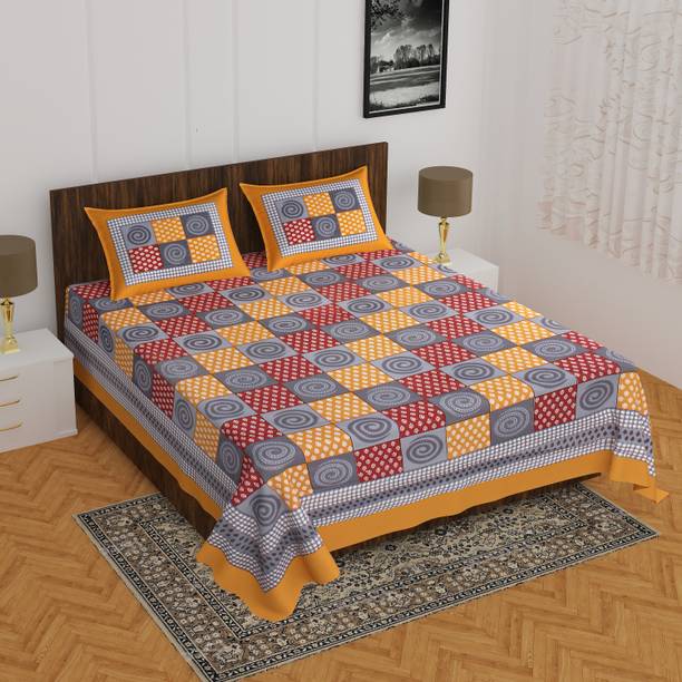Flyrra Cotton Queen Flat 170 TC Jaipuri Prints 1 Bedsheet with 2 Pillow Covers