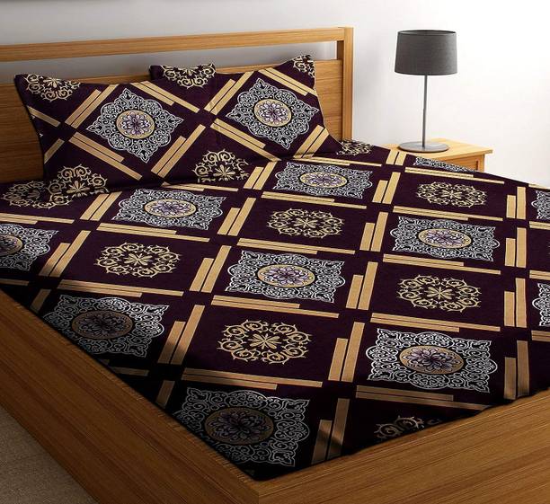 BEDORISM 260 TC Cotton King Printed Fitted (Elastic) Bedsheet
