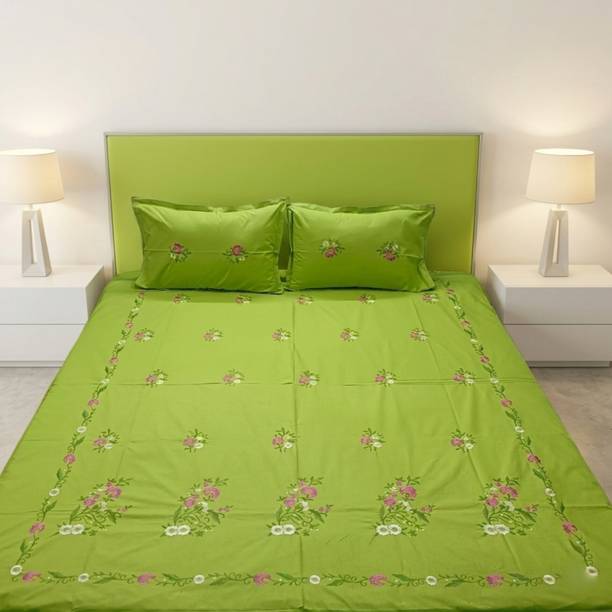 Arsha Chikankari Cotton Queen Flat 230 TC Embroidered 1 Bedsheet with 2 Pillow Covers
