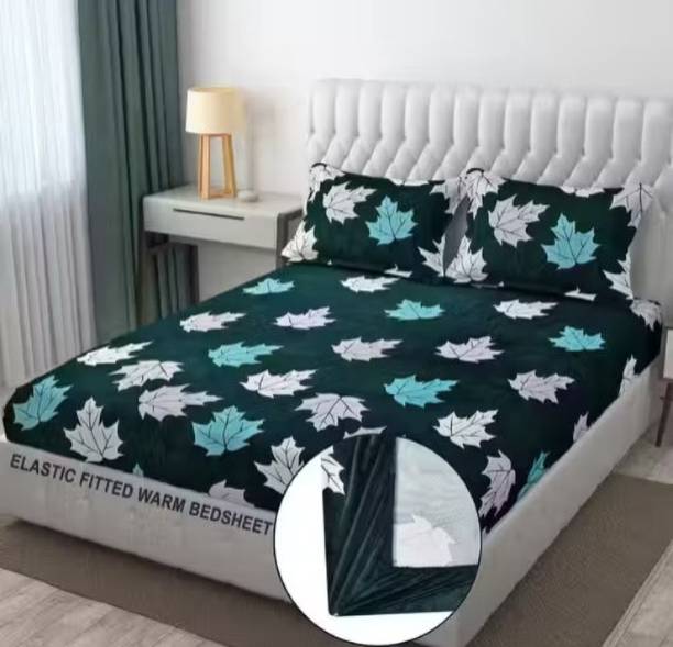 RisingStar Velvet King Fitted (Elastic) 350 TC Printed 1 Bedsheet with 2 Pillow Covers
