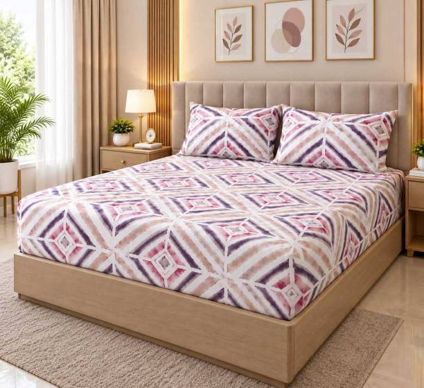 EXFAB Cotton King Fitted (Elastic) 244 TC Printed 1 Summer Bedsheet with 2 Pillow Covers