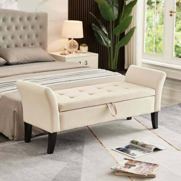 India wood mart Modern Upholstered Storage Ottoman Bench for Bedroom Entryway Hallway Beige Solid Wood 2 Seater