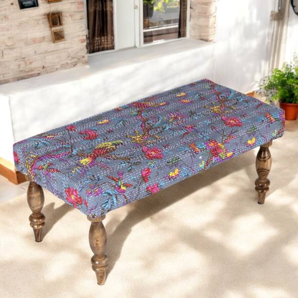 Ikiriya Collio Solid Wood Bench in Bird Print Grey Kantha upholstery for Living Room| Bedroom| Dining Bench| 36x18x16 Inch Solid Wood 2 Seater