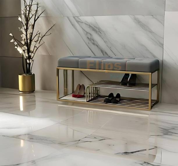 FlipsShoppee 2-Tier Metal Shoe Rack Bench With Cushion Seat And Golden Iron Frame Metal Shoe Rack