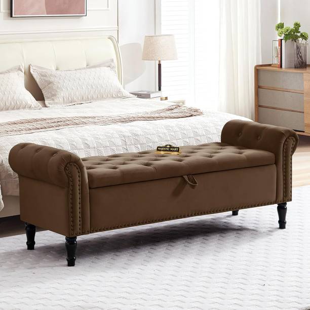 MAJESTIC MART Stylish Velvet Bedroom Bench Ottoman - Tufted Cushioned Rolled Arm Large Space Solid Wood 2 Seater