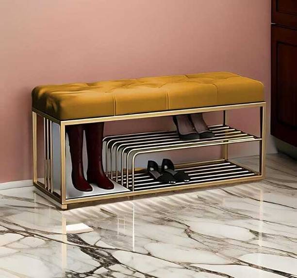 FlipsShoppee 2-Tier Metal Shoe Rack Bench With Cushion Seat And Golden Iron Frame Metal Shoe Rack