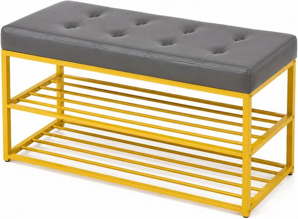 Worldcollection Tufted Seating Bench with 3-Tier Shoe Storage Rack Organizer Metal 3 Seater Metal 3 Seater