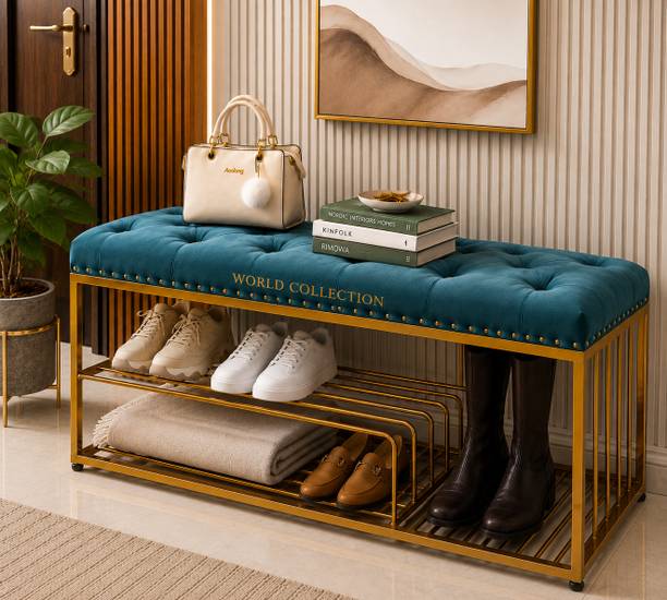 Worldcollection Shoe Storage Bench with Cushioned Seat | Modern Entryway Organizer for Home Metal Shoe Rack