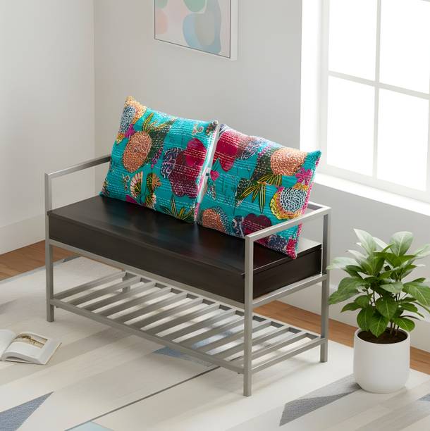 Ikiriya Kerdley Metal Accent 2 SEATER Couch / Bench with stroage & 2 Printed Cushions Solid Wood 3 Seater