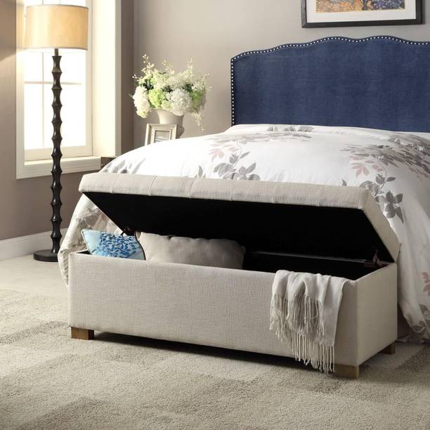 India wood mart Wooden Large Tufted Storage Bench with Hinged Taupe Engineered Wood 2 Seater