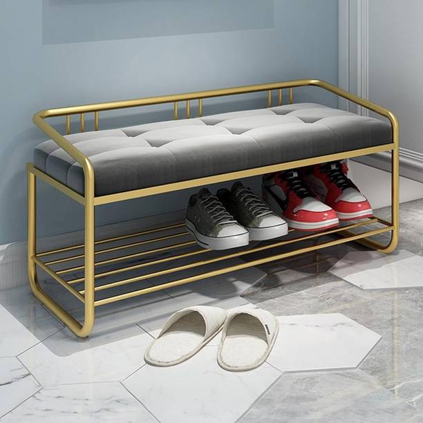 FlipsShoppee Golden Metal Shoe Rack with Cushion Bench 2 Tier Storage Organizer 31x12x20 inch Metal Shoe Rack