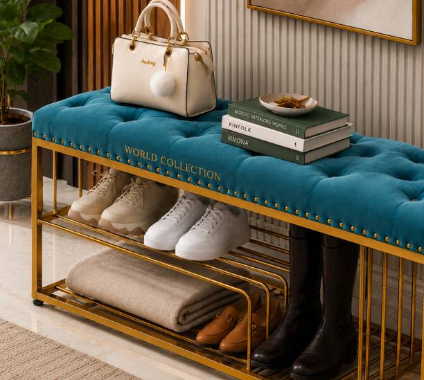 Worldcollection Shoe Organizer Bench with Padded Seat | Space Saving Entryway Storage Furniture Metal Shoe Rack