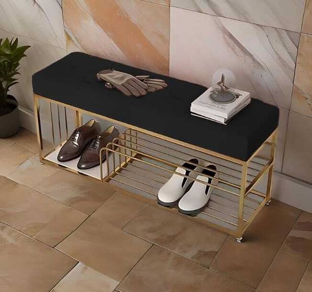 FlipsShoppee 2-Tier Metal Shoe Rack Bench With Cushion Seat And Golden Iron Frame Metal Shoe Rack