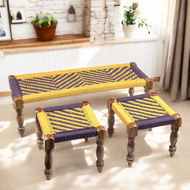 Flipkart Perfect Homes Rosewood Maachi Bench Set with 2 Stools in Vivid Purple & Yellow Canning Solid Wood 4 Seater