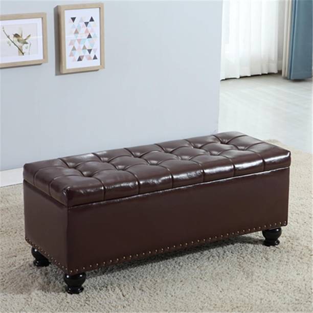 India wood mart Velvet Storage Ottoman Bench,Button-Tufted Upholstered Ottoman Storage Brown Solid Wood 2 Seater