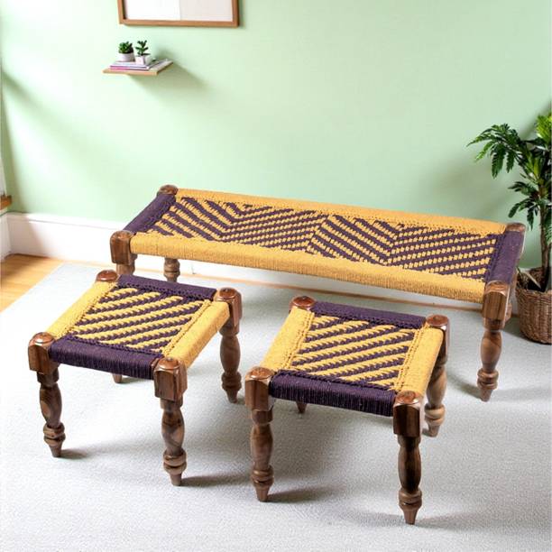 Ikiriya Rosewood Maachi Bench Set with 2 Stools in Vivid Purple & Yellow Canning Solid Wood 4 Seater