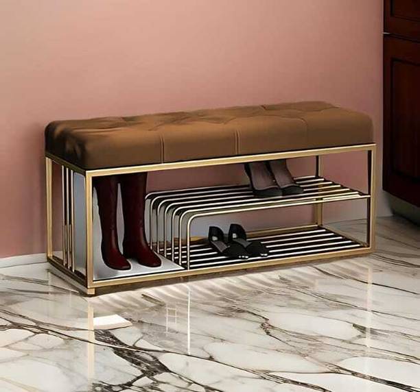 FlipsShoppee 2-Tier Metal Shoe Rack Bench With Cushion Seat And Golden Iron Frame Metal Shoe Rack