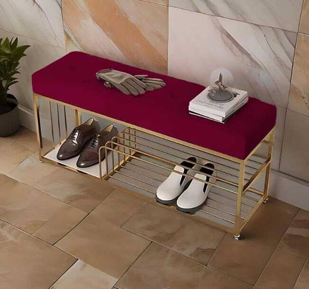 FlipsShoppee 2-Tier Metal Shoe Rack Bench With Cushion Seat And Golden Iron Frame Metal Shoe Rack