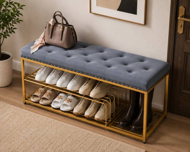 Worldcollection Modern Shoe Rack Bench with Cushioned Seat | 2 Tier Footwear Storage Organizer Metal Shoe Rack