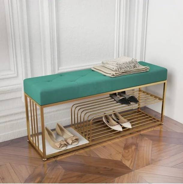 FlipsShoppee 2-Tier Metal Shoe Rack Bench With Cushion Seat And Golden Iron Frame Metal Shoe Rack