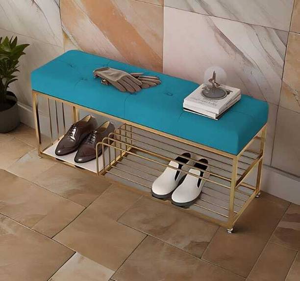FlipsShoppee 2-Tier Metal Shoe Rack Bench With Cushion Seat And Golden Iron Frame Metal Shoe Rack