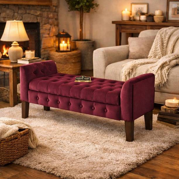 MAJESTIC MART Velvet Storage Bench Ottoman Tufted Seat Wooden Legs Bedroom Seating Stool Solid Wood 2 Seater